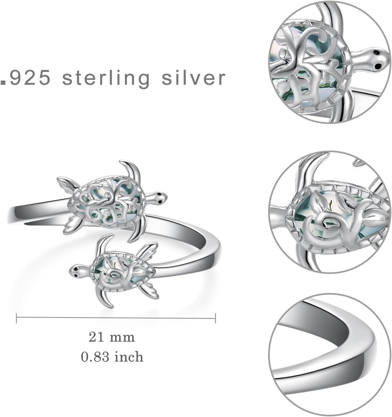 Sea Turtle Ring 925 Sterling Silver Mother Daughter Rings Adjustable Moss Agate Ocean Animal Ring Sea Turtle Jewelry Gifts for Women - Image 4