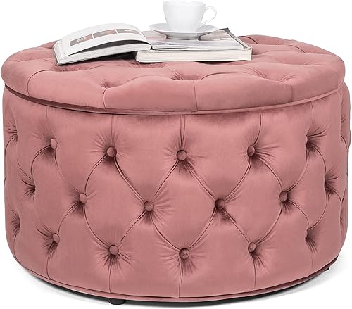 Miniatura 4 de Homebeez Otomana redonda de terciopelo para almacenamiento, reposapiés con botones copetudos, mesa de café (rosa) Rosa,Azul,Verde,Gris,Gris