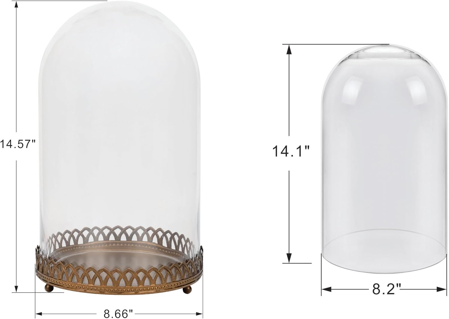 14" Tall Glass Dome with Metal Base Base in Antique Bronze for Terrarium, Plants, Trinkets, Cakes, Figurines, LED Light String, Candle. Cloche Glass Dome, Bell Jar Display Case, Mantle (1, 8"x14")