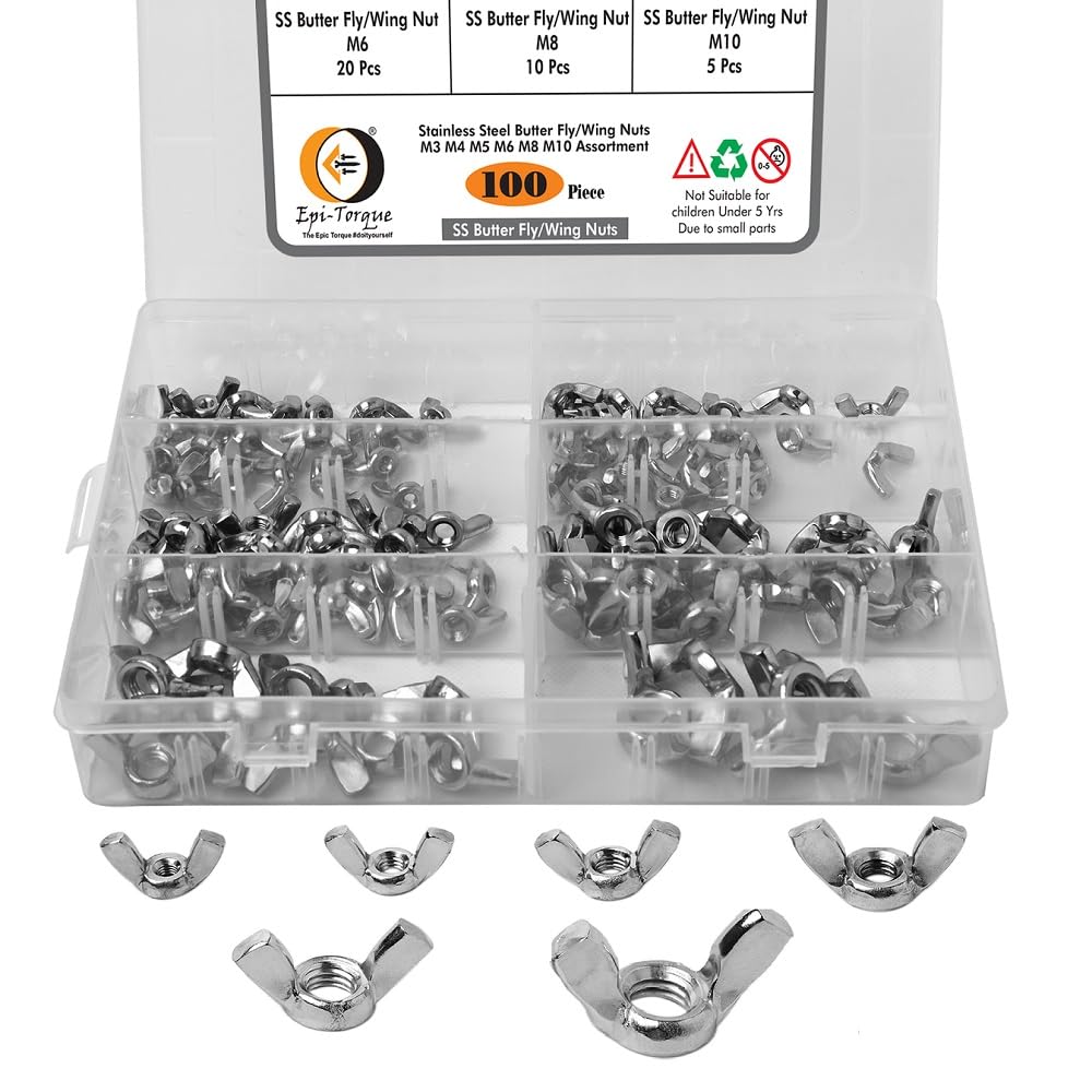 Epi-Torque 100 Pcs 6 Sizes Butterfly Wing Nuts Assortment Kit, M3 M4 M5 M6 M8 M10 Sizes Stainless Steel Wing Nuts Fasteners