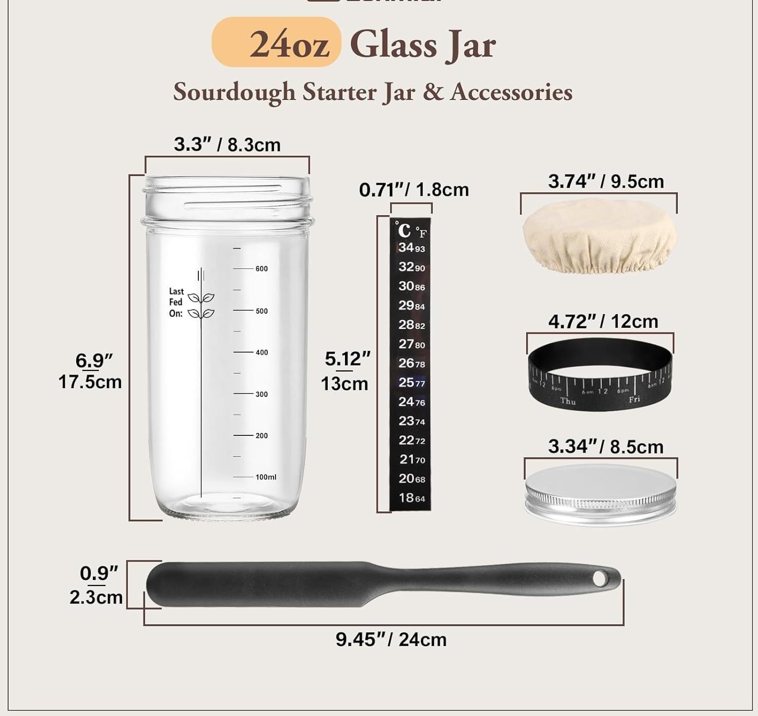 PIQIUQIU 24 oz/680 ml szklany zestaw startowy do ciasta kwaśnego z taśmą zasilającą, termometr, pokrywką, szpachelką silikonową, akcesoriami