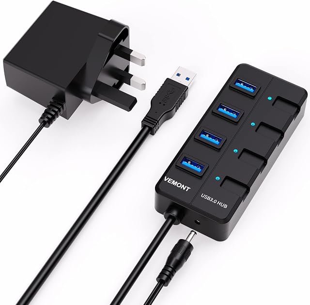 Powered USB Hub 3.0,VEMONT 4 ports SuperSpeed USB Hub with Power Supply,USB Splitter Powered with Individual on/off LED Switches and 3.9ft/1.2m Long Cable for PC/Laptops/Ultrabooks/Desktops