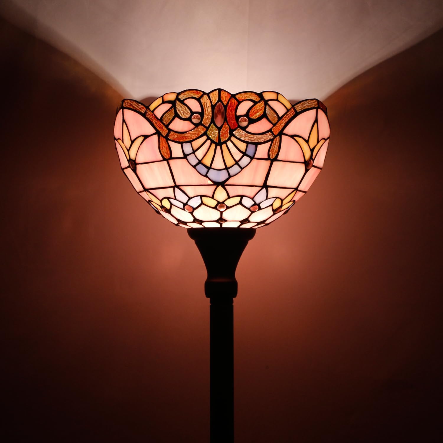 WERFACTORY Tiffany Floor Lamp Pink Baroque Stained Glass Light 12X12X71 Inches Pole Torchiere Standing Corner Torch Uplight Decor Bedroom Living Room Home Office S003P Series