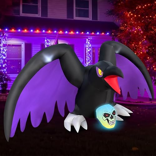 BLOWOUT FUN Cuervo inflable de Halloween de 6 pies de longitud con esqueleto iluminado RGB, decoración de liquidación iluminada LED para interiores