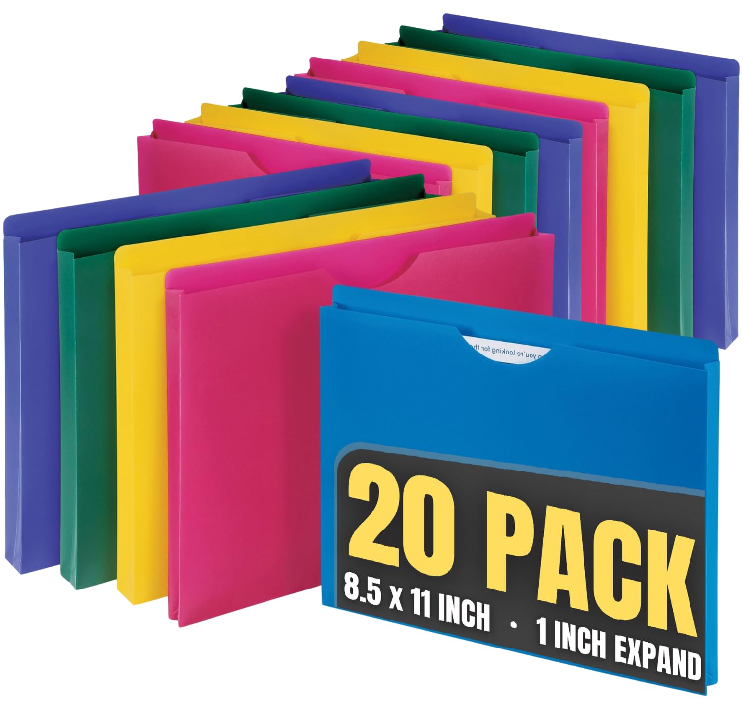 1InTheOffice Poly File Jacket File Folder, Letter 1" Expanding File Jacket, 20-Pack, Assorted