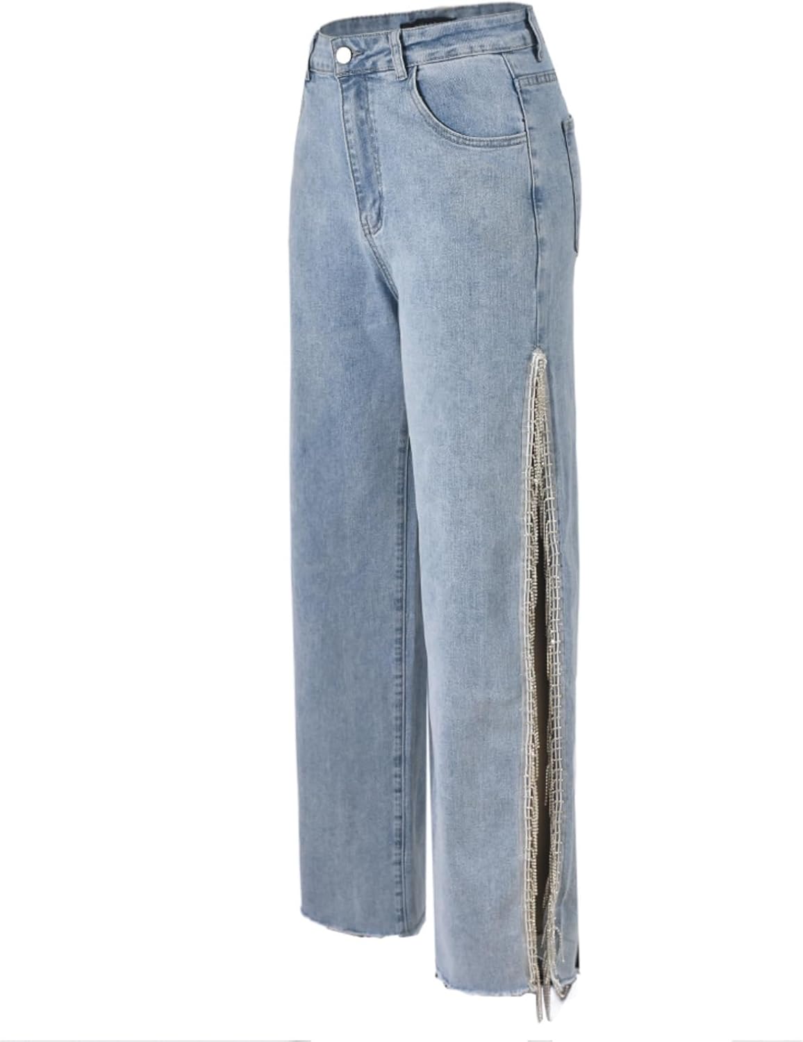 Women High Waisted Jeans Straight Wide Leg Pants with Rhinestone Fringe Trim Split On The Side - Image 5