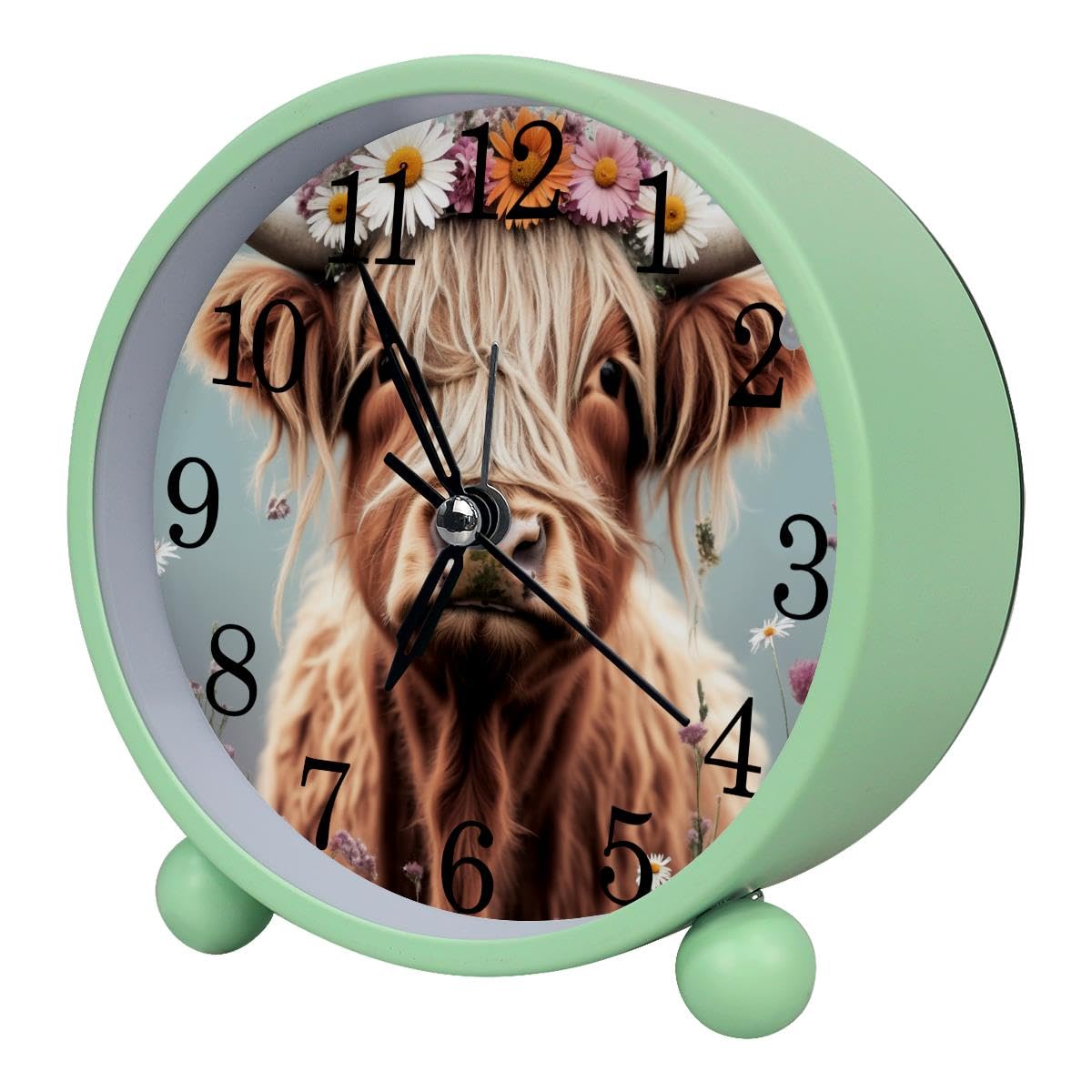 Luoweisi Alarm Clock Highland Cow Daisy, Silent Non-Ticking with Night Light, Round Metal Alarm Clock for Office, Battery Operated, Bedroom, Elderly, Adults, Children, Student Gifts