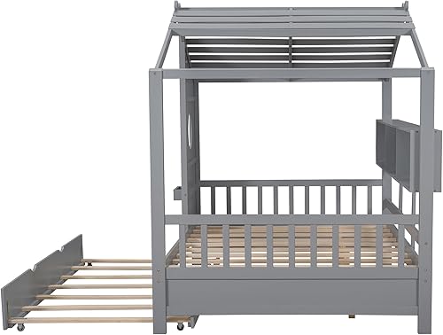 Miniatura 141 de Cama de casa de tamaño individual con 2 cajones, marco de cama de madera y barandilla de seguridad. Ahorra espacio, ideal para el dormitorio de un