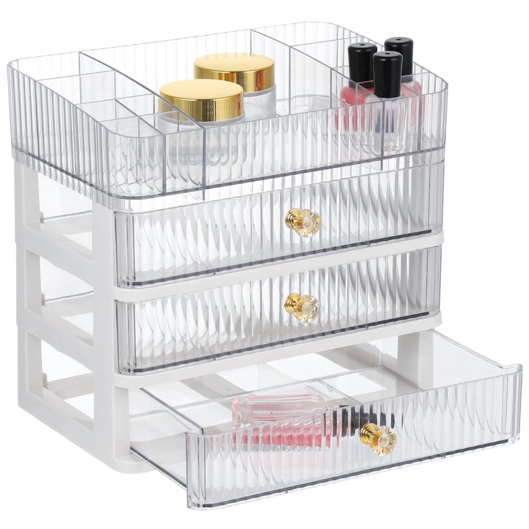 Organizador de maquillaje, caja de almacenamiento de cosméticos transparente de 4 capas con 3 cajones, caja de maquillaje de escritorio de gran capacidad para pintalabios, perfume, pinceles