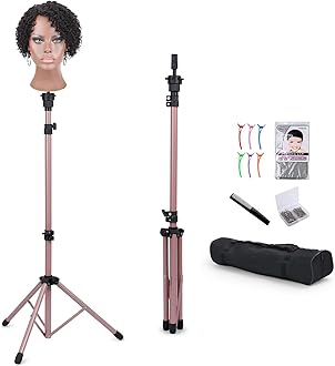 Klvied Metal Mannequin Head Stand, Reinforced Wig Stand Tripod for Styling, Adjustable Wig Head Stand Holder for Cosmetology Hairdressing Training,Rose Golden(Mannequin Head Not Included)