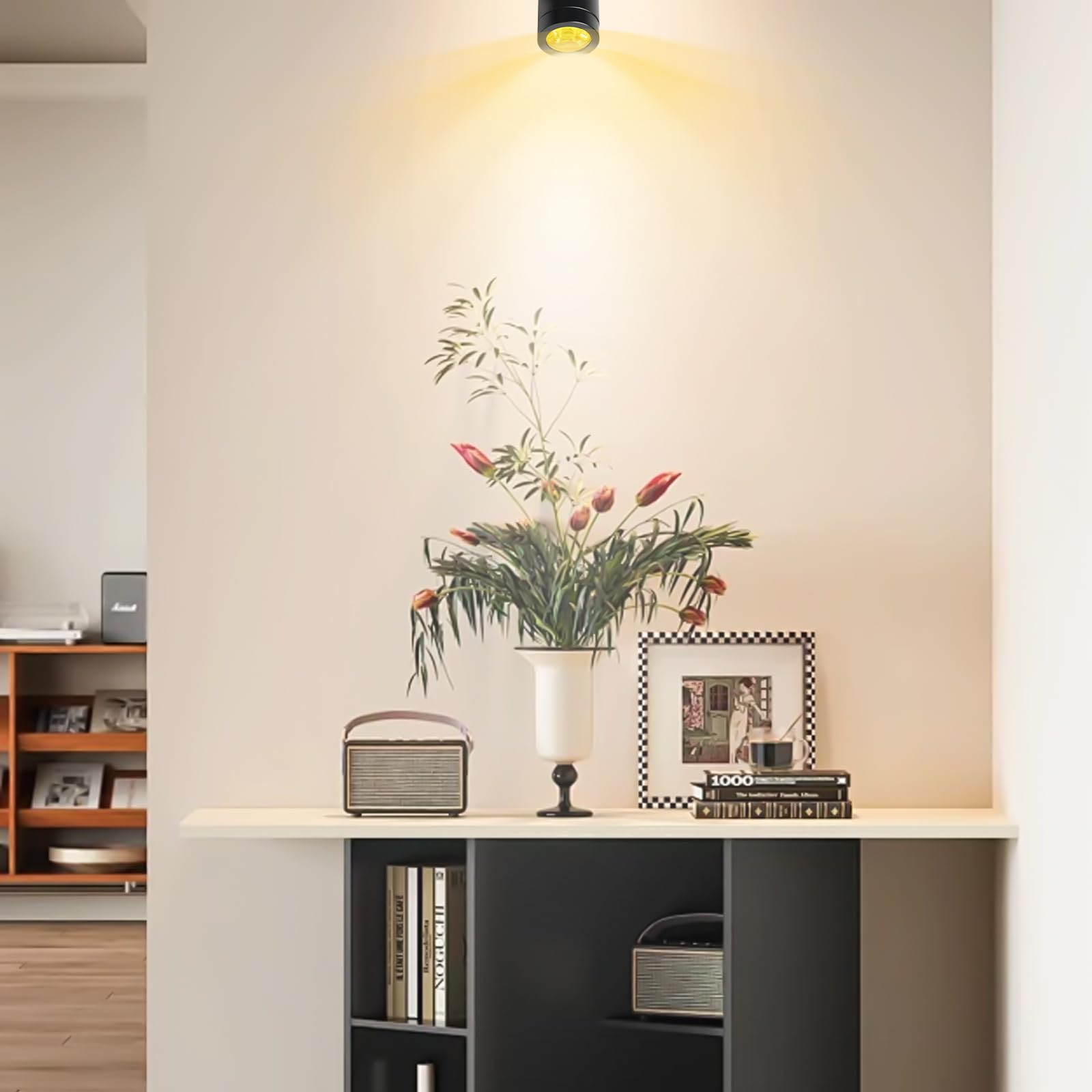 Aicharynic 4 unidades de mini focos, mini focos, pequeño acento, juego de luz blanca cálida, 3000 K, USB 5 V, foco de punto giratorio 360° para vitrinas, armarios y decoración
