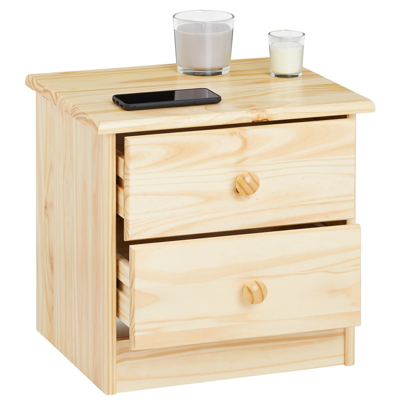 IDIMEX Table de Chevet Rondo avec 2 tiroirs, Table de Nuit en pin Massif, Chevet en Bois Vernis Naturel