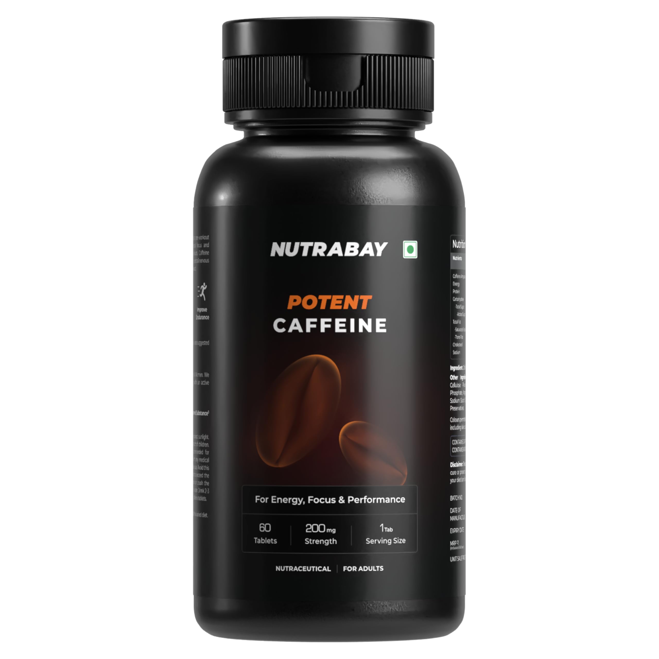 Nutrabay Pro Potent Caffeine Tablets 200mg | Natural Stimulant for Energy, Endurance & Focus, 60 Veg Tablets
