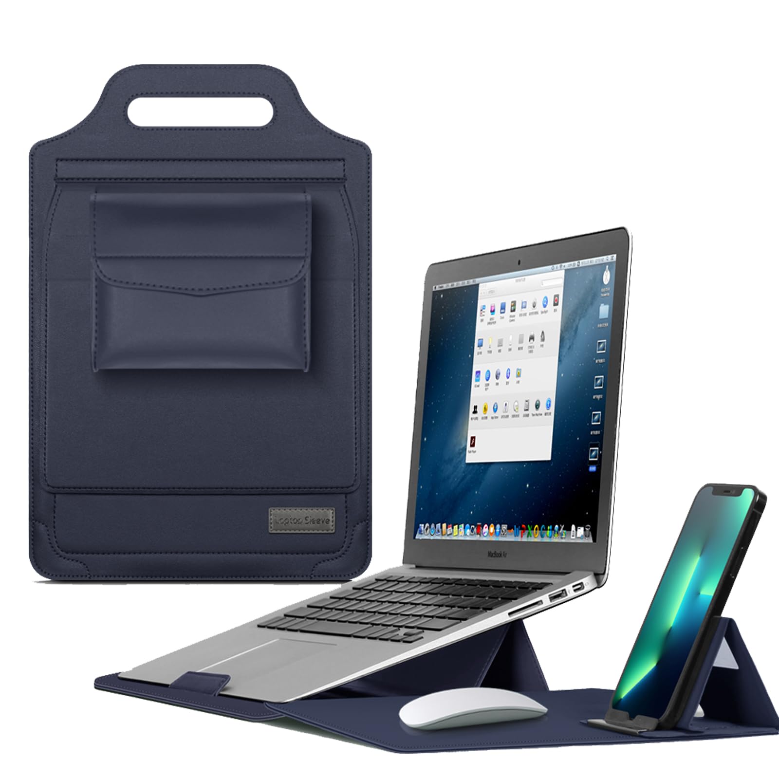 IVY 15 16 Inch Portable Laptops Sleeves with Handbag Stand Phone Holder Storage Bag Mouse Pad for Macbook Air Pro Retina M1 M2 Surface HP Lenovo Dell ASUS Acer Samsung Laptops Bag Case Cover - Blue