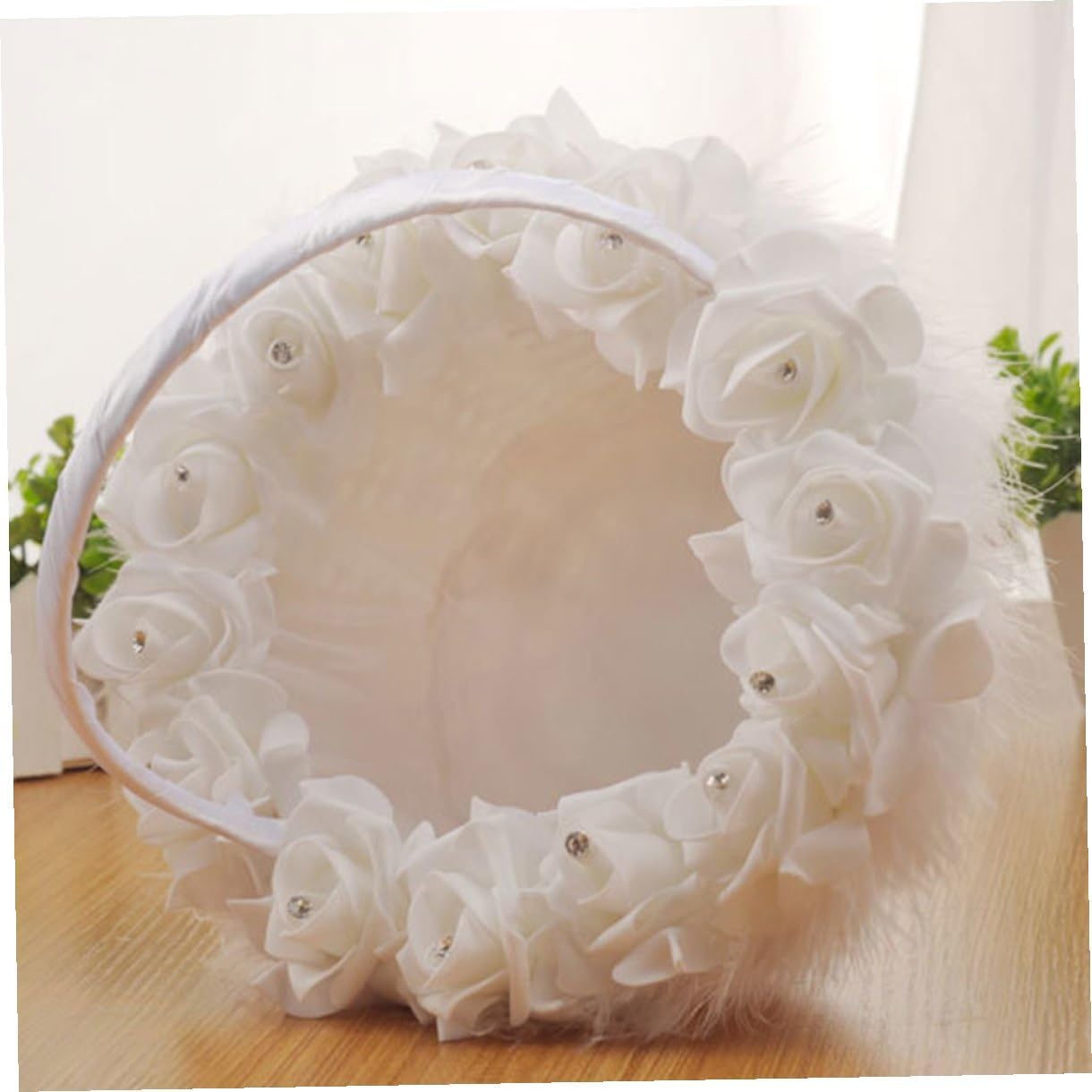 Delicate White Wedding Flower Girl Basket with Handle, Handmade Floral Basket for Bride, Wedding Supplies for Ceremony and Party Decor