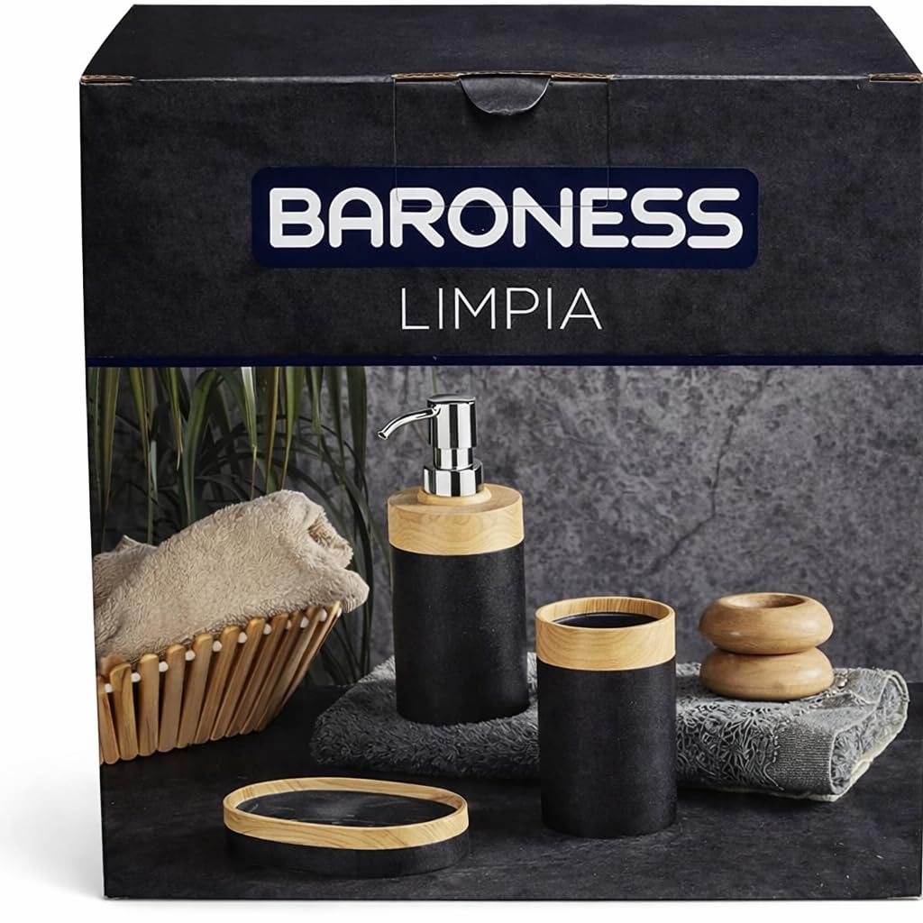Banyo Seti, Sıvı Sabunluk, Diş Fırçalık ve Sabunluk, Ahşap Kaplama, Siyah