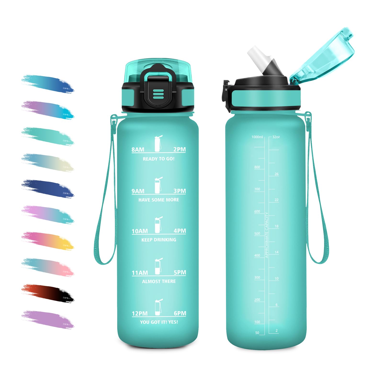 Borraccia Sportiva 1L, Borraccia con Cannuccia, a Prova di Perdite, Facile Pulizia, Bottiglia Acqua Motivazionale con Indicatore del Tempo, per Campeggio, Ciclismo, Scuola, Ufficio, Lavoro, Gym