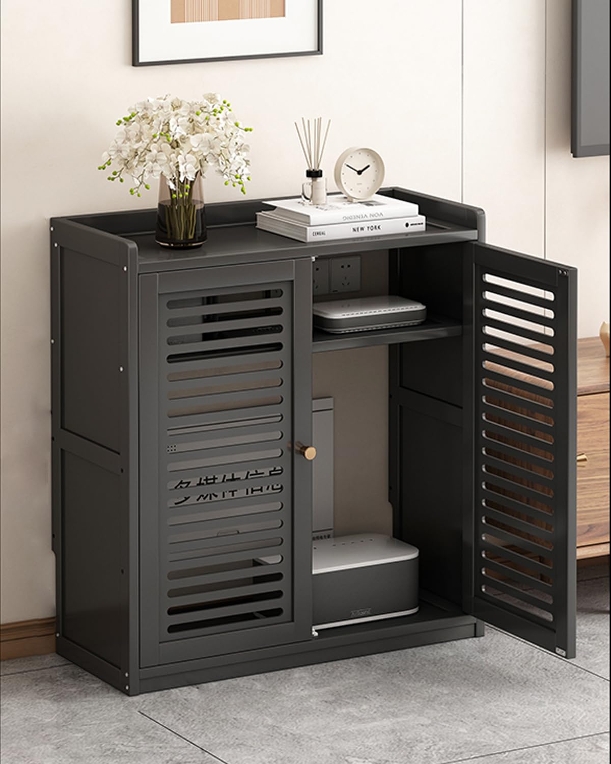 Armoire de rangement murale en bois pour routeur WiFi - Modem décoratif et boîte à câbles - Forte capacité de charge - 59 x 25 x 67 cm - Parfait pour la maison et le bureau - Noir