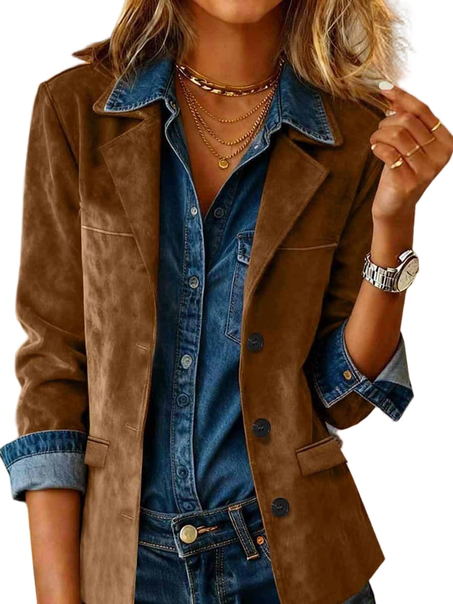 Womens Vintage Faux Suede Blazers 2025 Trendy Fall Winter Western Long Sleeve Barn Jackets with Pockets