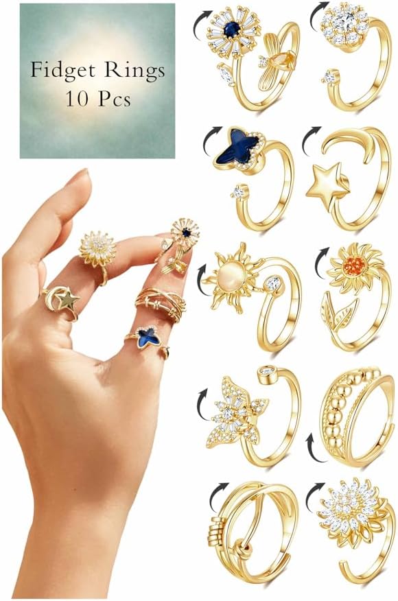 10Pcs Fidget Anxiety Rings for Women Adjustable Spinner Ring Gifts for People With Anxiety Moon Sun Butterfly Galaxy Daisy Flower CZ Stress Relief Calm Rings Jewelry 14K Gold/Silver/Rose Gold Plated
