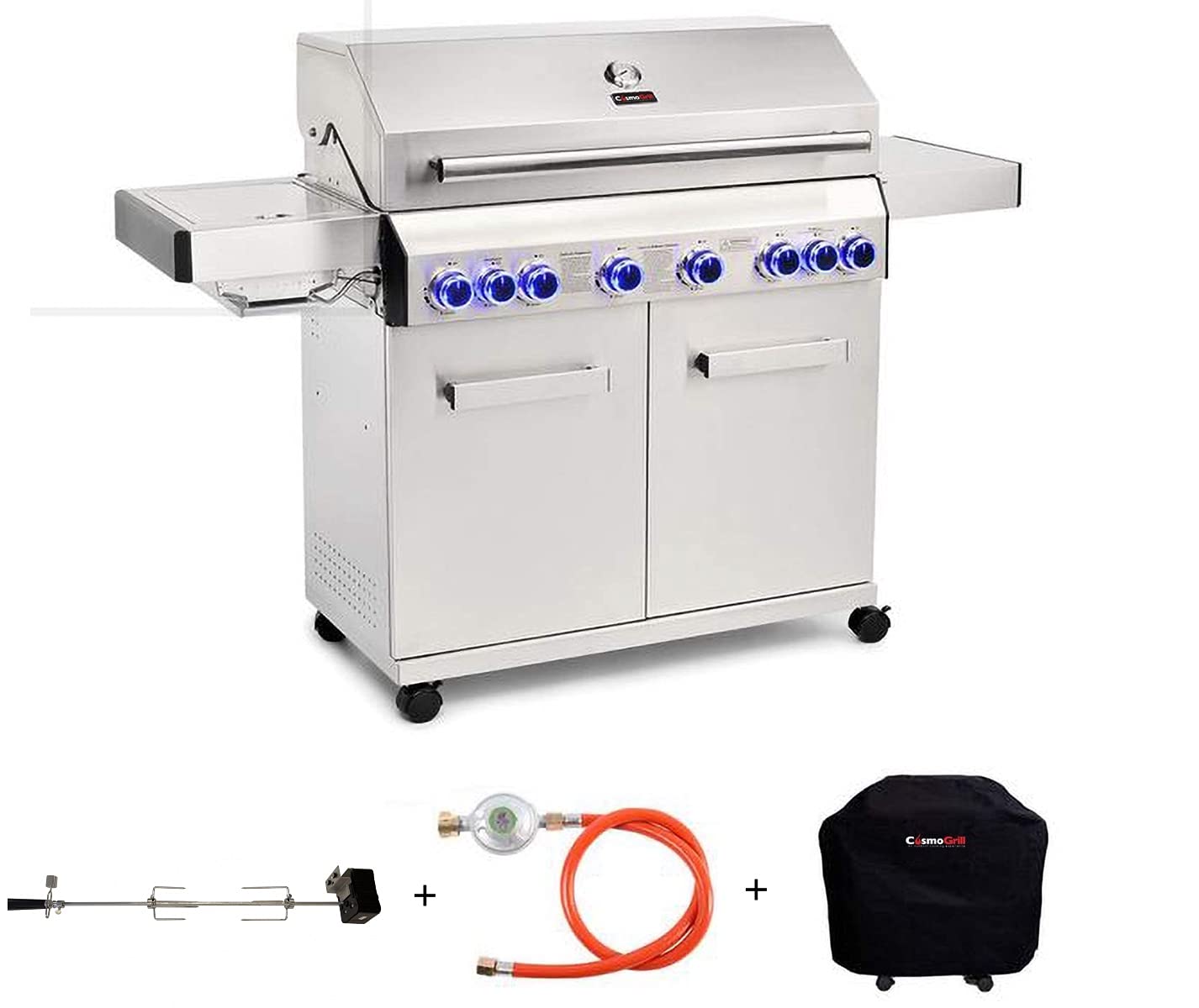CosmoGrill Platinum Stainless Steel 8 Burner 6+2 Gas Barbecue Grill with Rotisserie and Waterproof Cover, High-Performance Outdoor Garden BBQ for Home Cooking