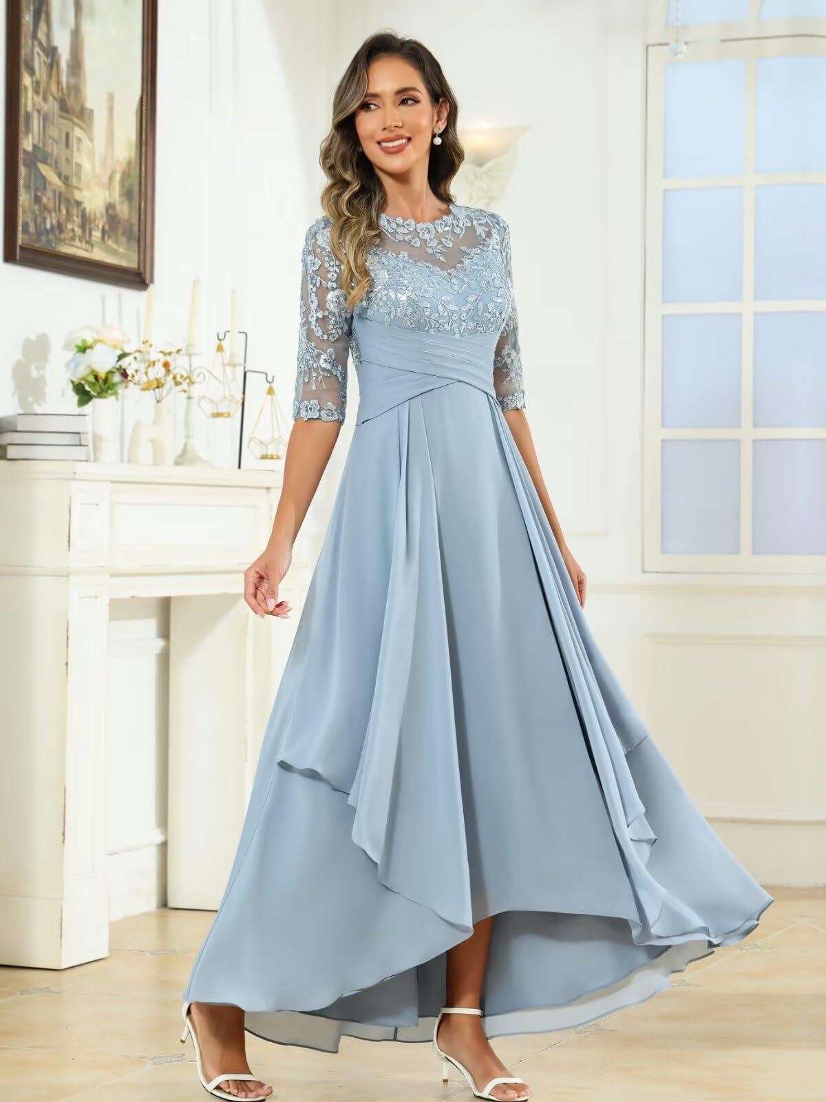 HUINI Brautmutter Kleid mit Ärmel Lang Chiffon Hi-Lo Elegant Abendkleid A-Linie Rüschen