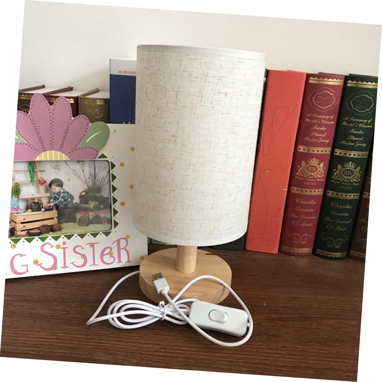 Linen Cloth Desktop Lamp with USB Wooden Base Bedside Night Light for Bedroom and Dormitory Non Flicker Table Light with Soft Comfortable Glow