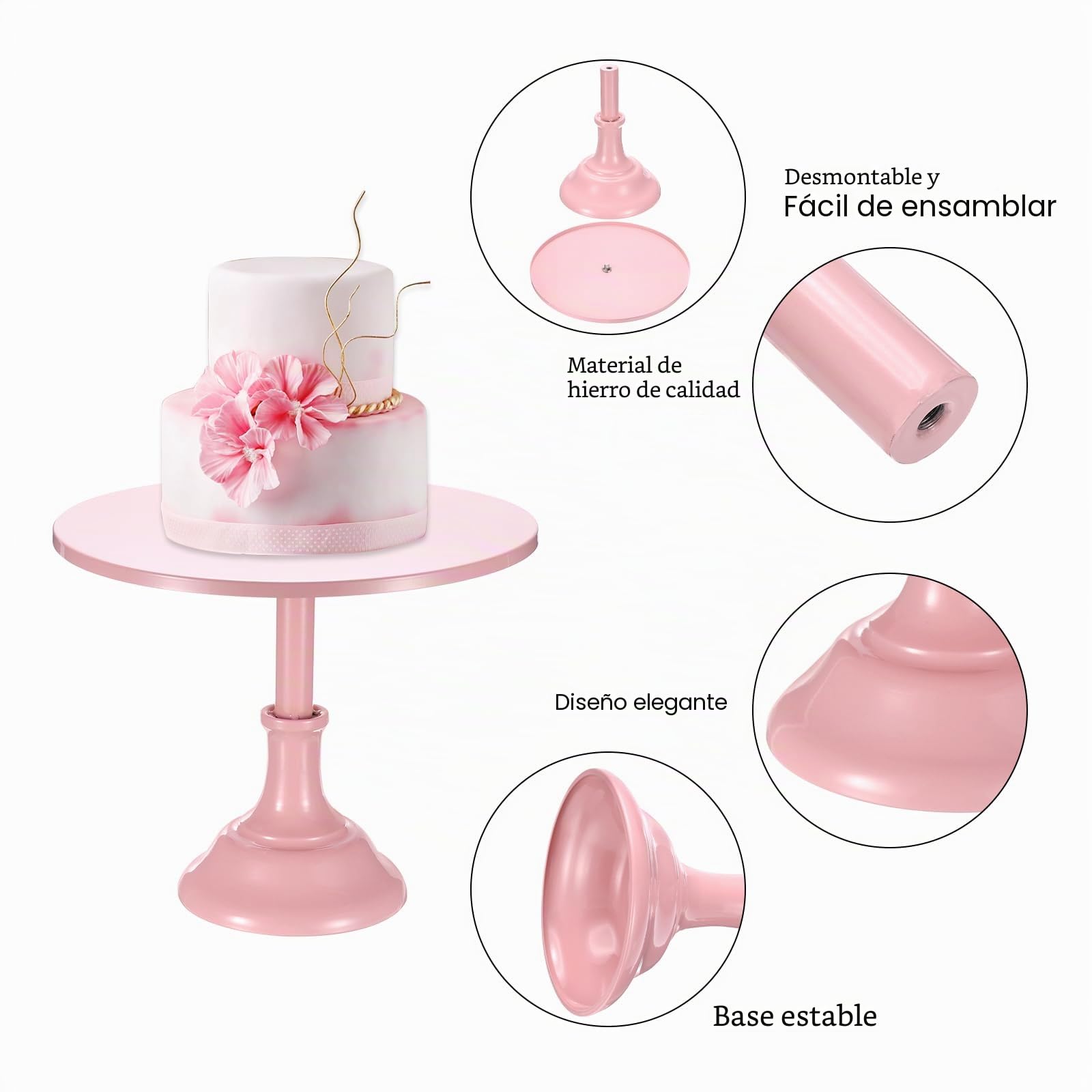 QUARKZMAN Juego de 4 Soportes para Tartas Set de 3/8/10/12 Pulgadas Rosa | de Soportes de Tartas de Metal, para Mesa de Postres en Bodas y Fiestas de Cumpleaños