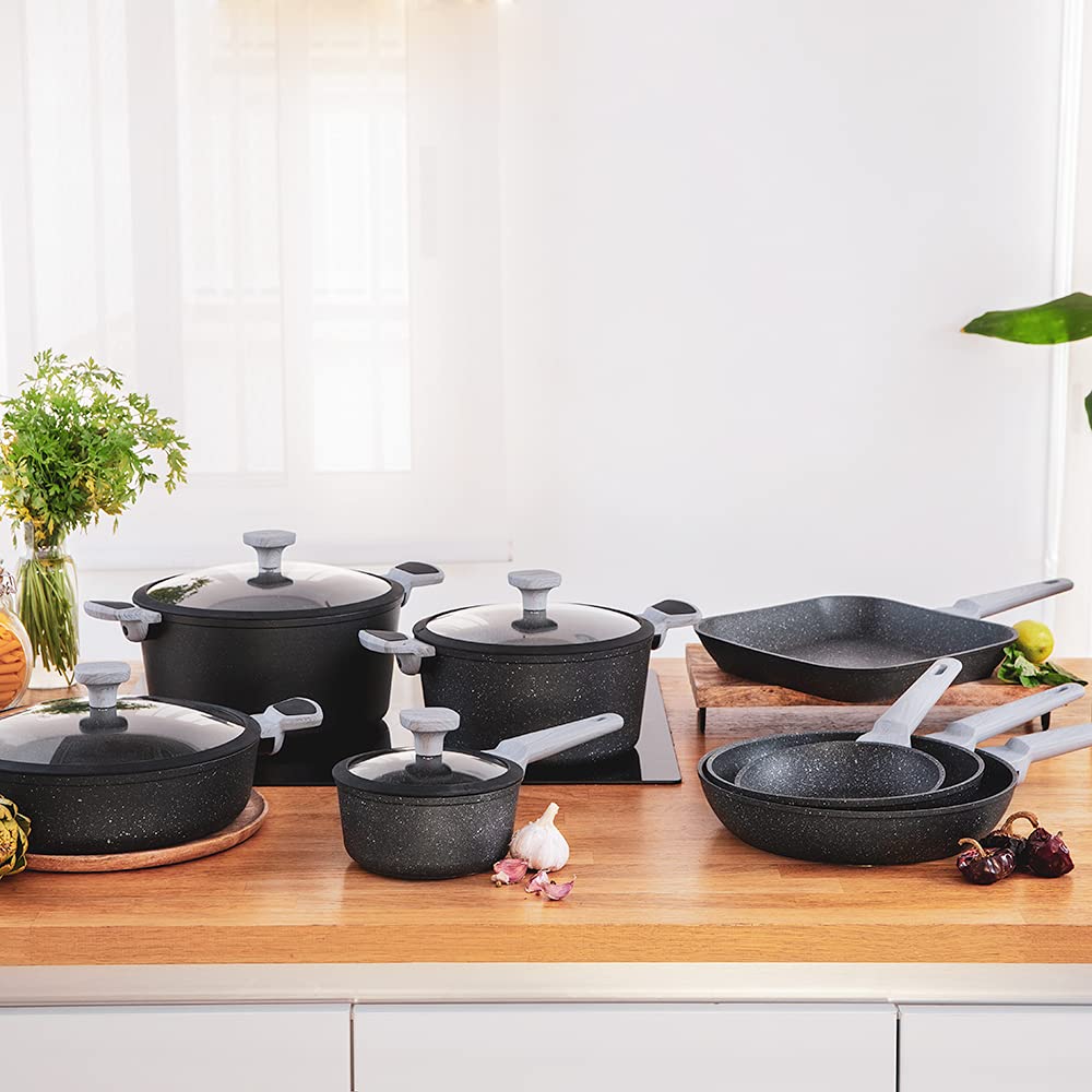 Cecotec Grill Polka Exclusive 28 Grill Wood&Rock. Diametro 28 cm, manico in bachelite freddo, alluminio forgiato, rivestimento antiaderente in teflon, lavabile in lavastoviglie e tutte le cucine