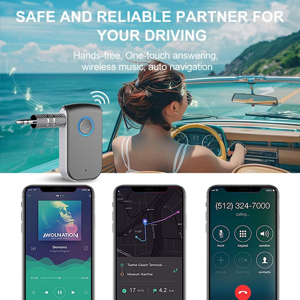 Adattatore Bluetooth AUX per auto, ricevitore wireless da 3,5 mm, adattatore AUX Bluetooth, chiamate in vivavoce per auto, altoparlanti, sistemi stereo e cuffie