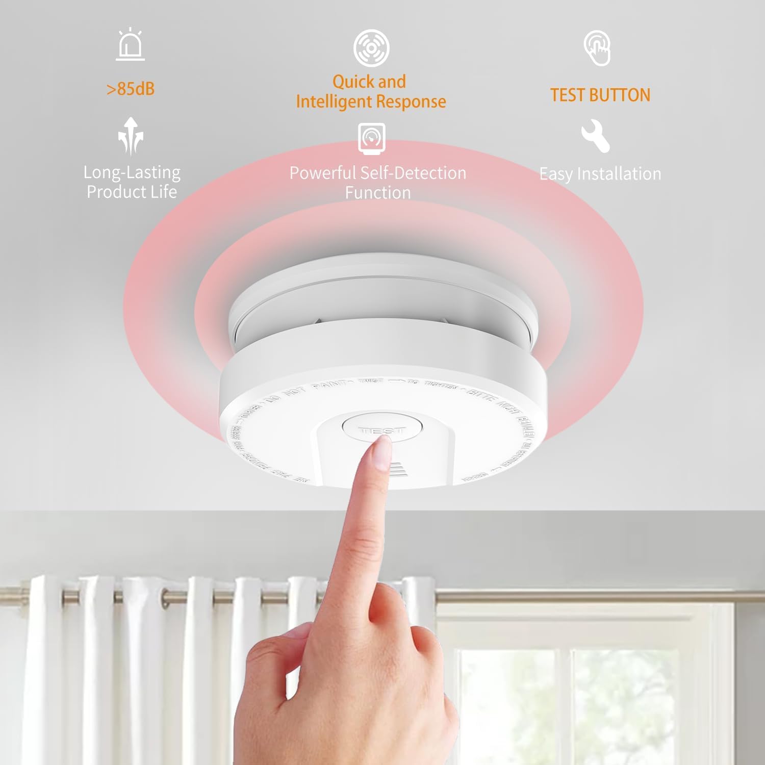 ZYTA Detector de humo de 10 años para el hogar, con batería reemplazable de 5 años, botón de prueba, indicador LED, funciona con pilas (4 unidades)