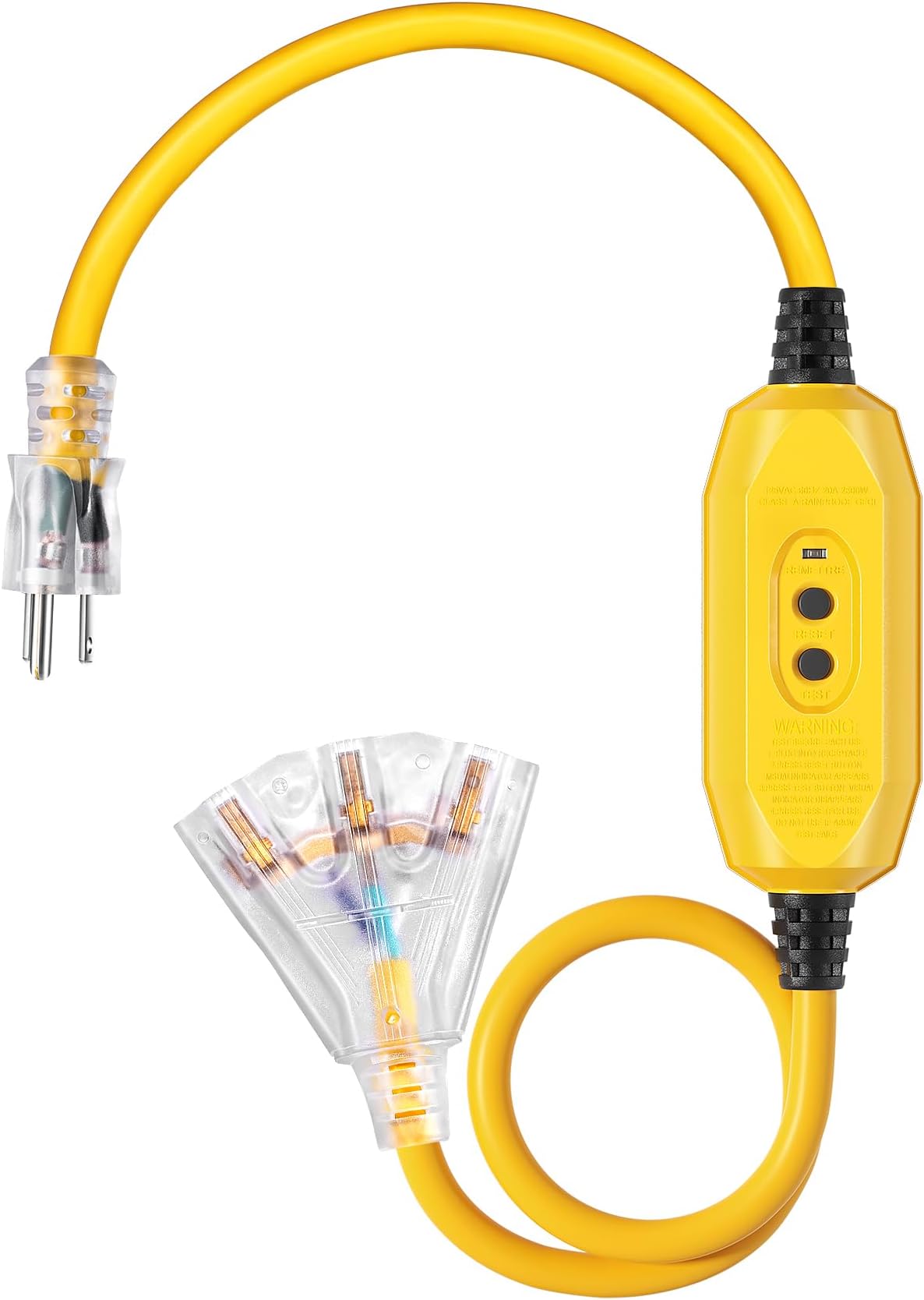 3 FT Outdoor GFCI Extension Cord Manual, 12/3 Gauge Extension Cord for Multiple Appliances, Heavy Duty Power Cable with LED Lighted 3 Prong Plug, Yellow, UL Listed
