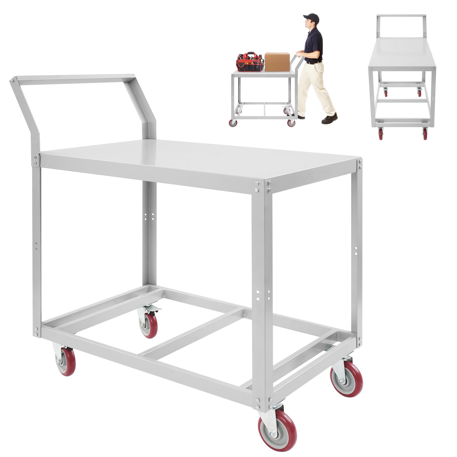 Carro de mesa de transporte, carro de taller vacío con 2 niveles, carro de plataforma con asa, carro de mano para talleres, hoteles, carga máxima: 158,76 kg, 89,92 x 59,94 x 106,43 cm, 2 ruedas