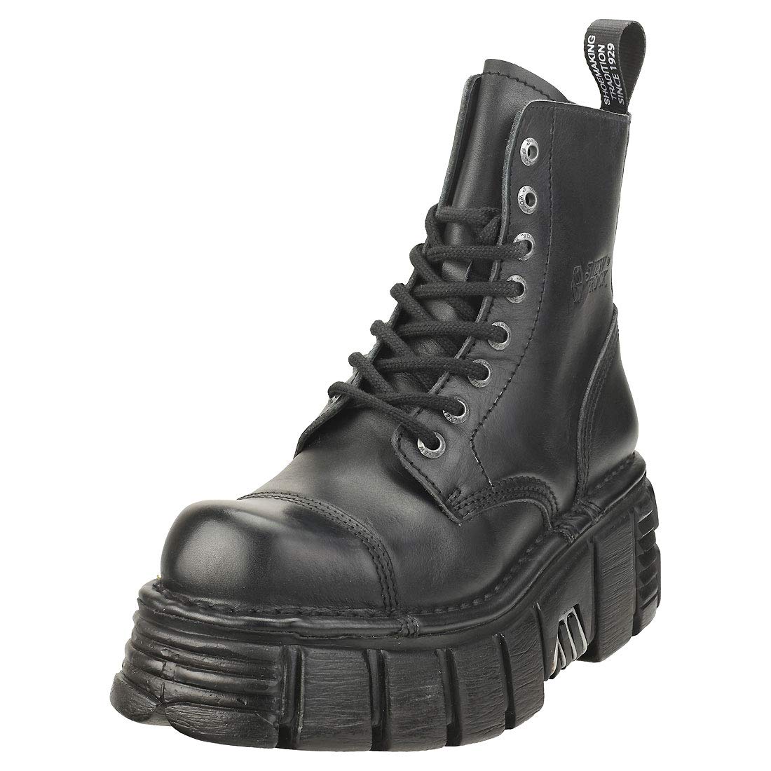 New Rock Stivali Gotici Unisex M-NEWMILI083-S39 Pelle Nera con Tacco 7cm e Plateau 4cm – Stivaletti Punk Rock Stile Militare Collezione Metallic