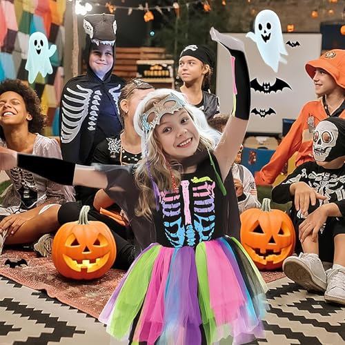 23GUANYI Disfraz Esqueleto Niña, Colores Disfraz Halloween Niña Disfraces de la Parca con Vestido de Esqueleto Manguitos y Leggings Disfraces Halloween Niño para Cosplay Fiesta (S)