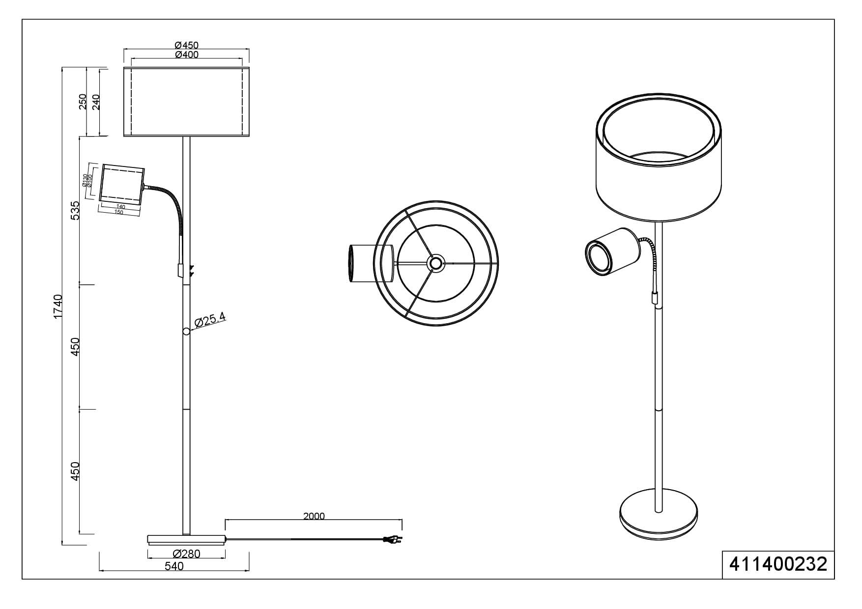 Barto Stehleuchte mit Lesearm, Ø 45 cm, Höhe: 174 cm, Korpus schwarz matt Metall, Stoffschirm rauchfarbig, Innenschirm weiß, exkl. 1 x E27, max: 60W und 1 x E14, max: 40W