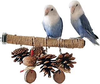 Bird Perches Stand Bird Hemp Perches with Chewing Toys, Birdcage Wood Stand Tree Perches for Birds Cockatiels Parrots Conures Macaws Finches (Medium)