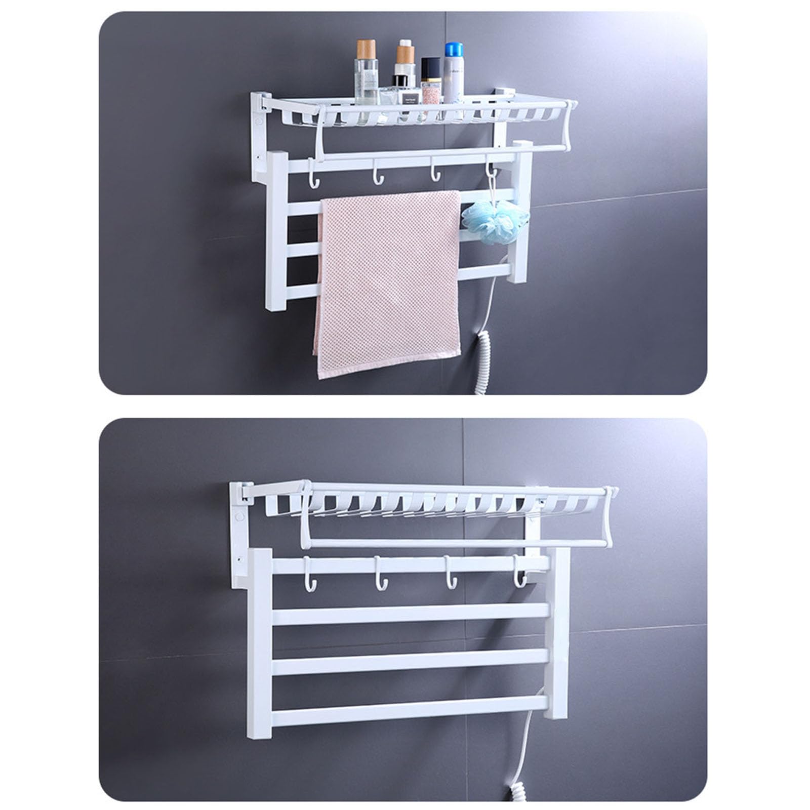 Termoarredo Elettrico, Scaldasalviette Elettrico da Bagno con Temporizzatori e Termostato, Portasciugamani a Parete con Vassoio Del Ripiano Superiore,Bianca,Right Line
