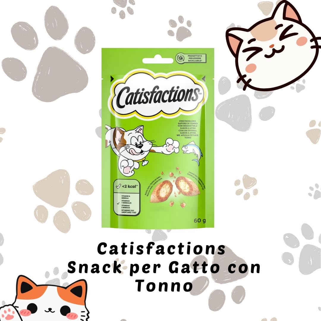 Snack para gatos Catisfactions, snack para gatos adultos y cachorros con sabor a atún | 6 paquetes de 60 gramos cada uno.