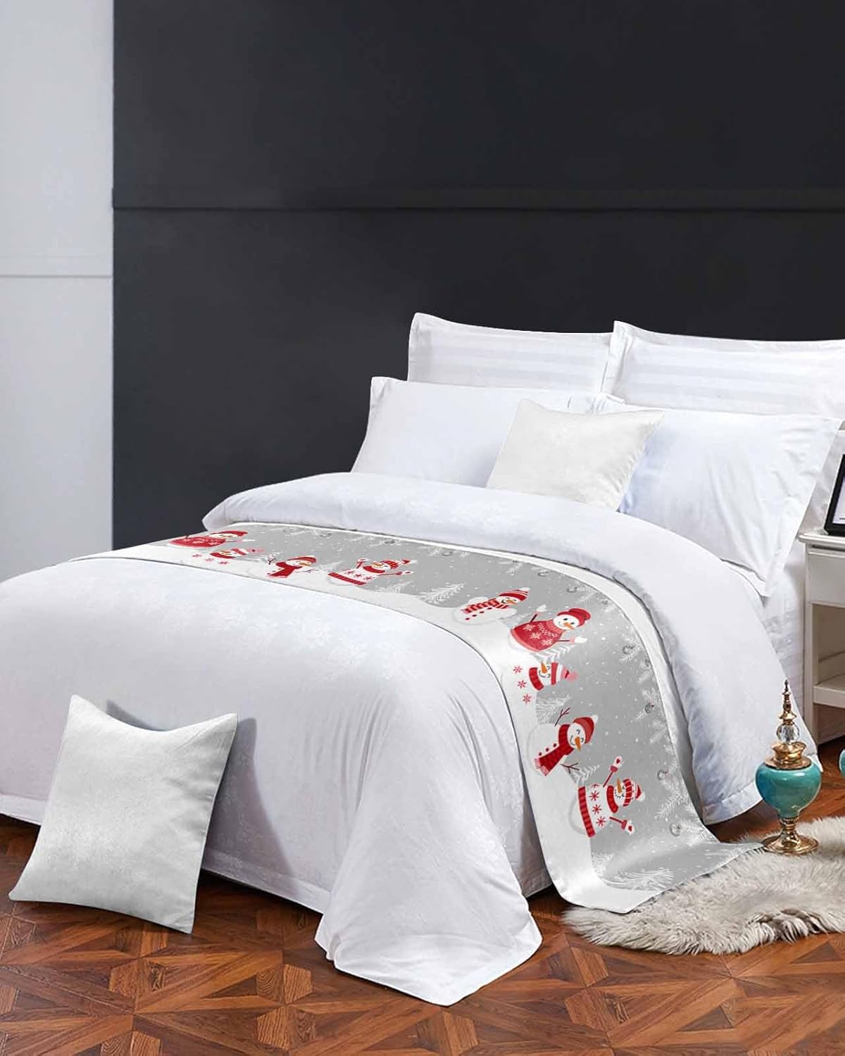 Grey Christmas Bed Runner Scarf Bedding Accessory For Queen Size Bed,Soft Bed Scarves And Runners Stainproof Dustproof Bedroom Protector For Hotel,White Snowman Pine Leaves Snowflake 94"x20"