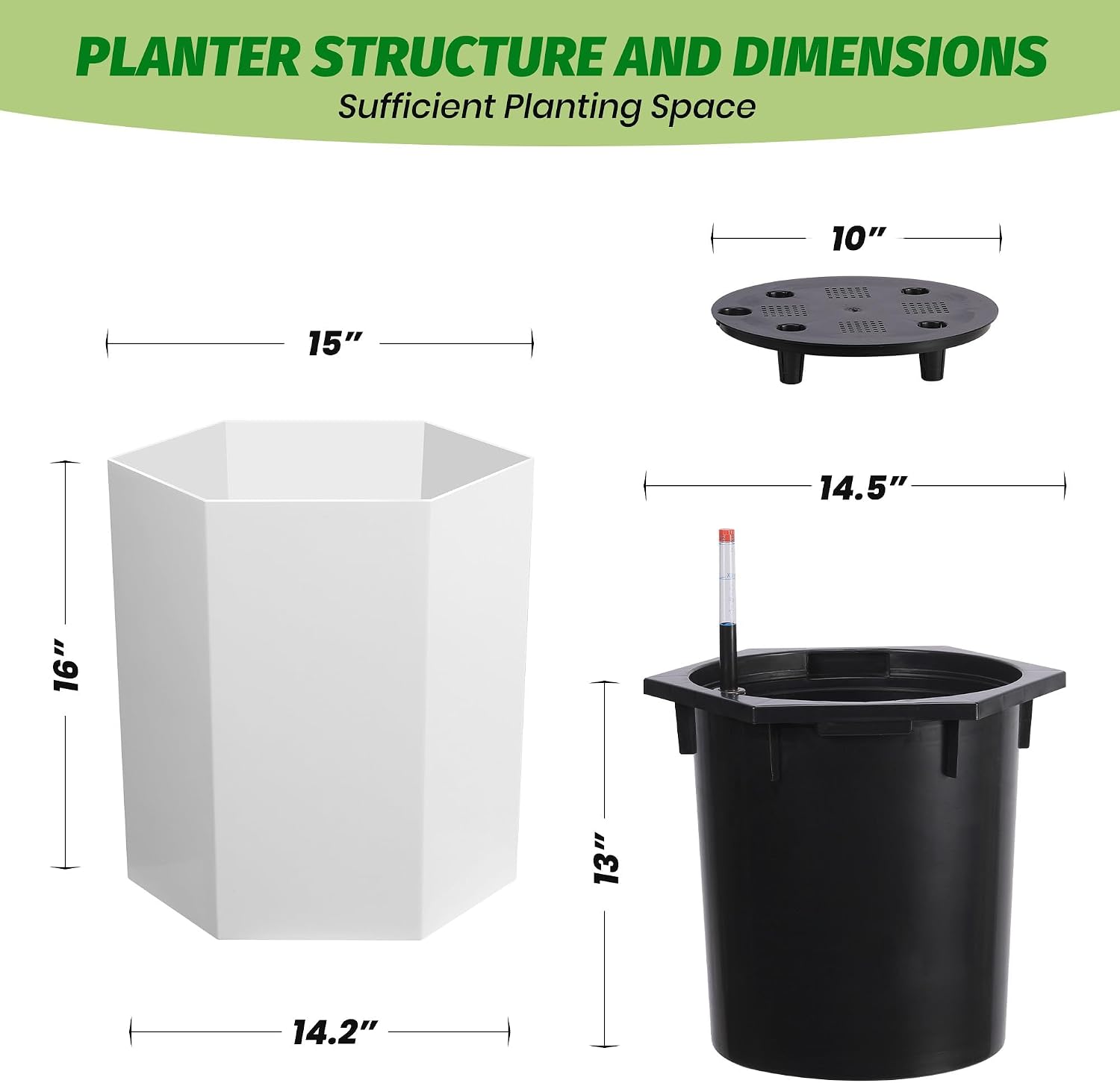 GarveeHome Set of 2 Self Watering Tall Flower Pots – 16 Inch Large Planters with Water Level Gauge, Drainage Hole & Wheels – Indoor Outdoor Use for Garden, Patio, Balcony, Porch – White, 8007 Straight