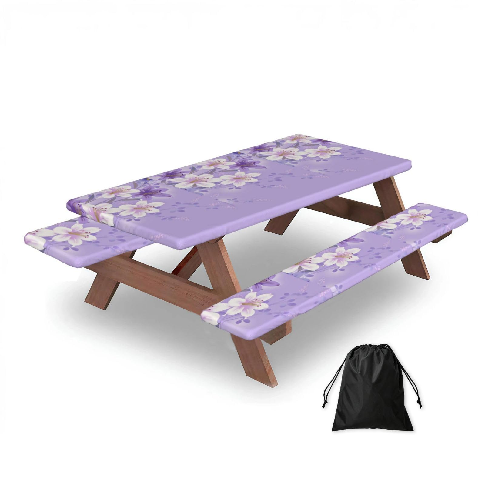 Dopklna As Picture Purple Flowers, Picnic Table Cover With Bench Covers -Waterproof Elastic Fitted Tablecloth For Garden Camping Patio 76X152cm