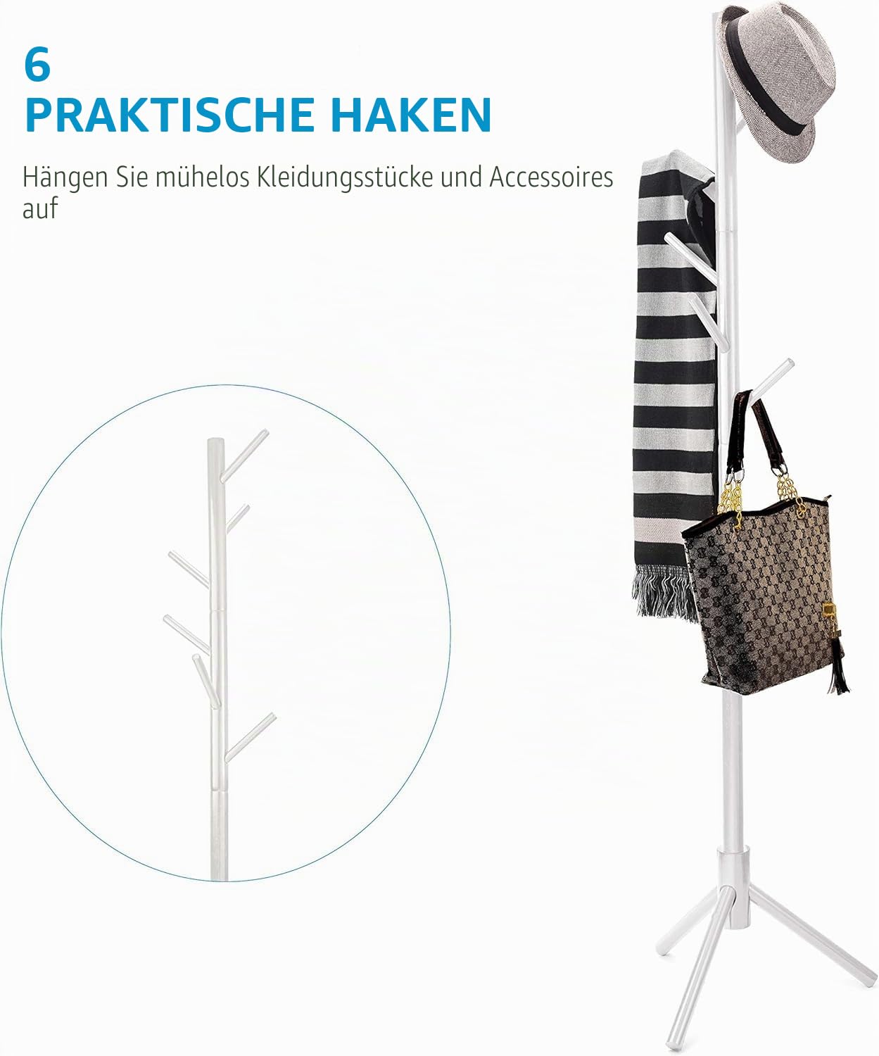 Garderobenständer, Kleiderständer aus Massivholz, mit 6 Haken und 3 verstellbaren Größen, Garderobe in Baumform, für Schlafzimmer, Flur, Eingang, Büro, für Hüte, Mäntel, (Weiß