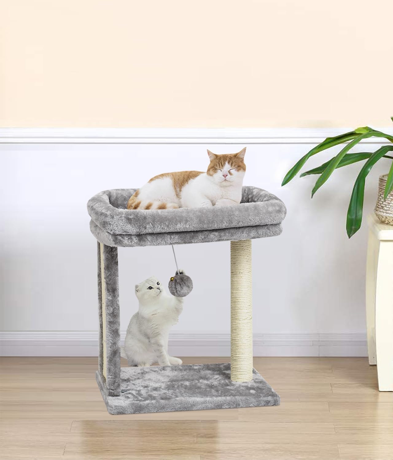 SYANDLVY Cat Tree with Scratching Post for Indoor Cats, Scratching Board with Perch, Cat Post Scratcher with 2 Dangling Balls, Great for Kittens, Grey