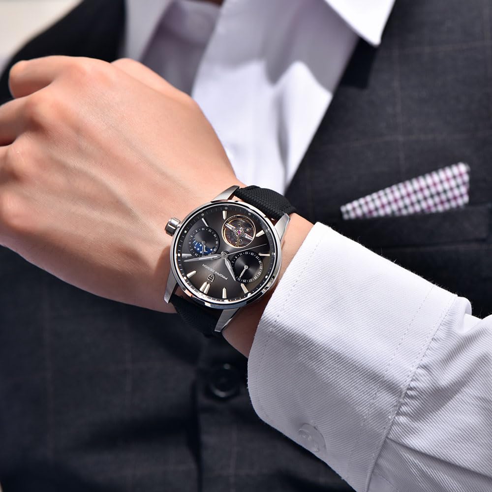 Pagani Design - Reloj automático de lujo para hombre, diseño de esqueleto Tourbillon, fase lunar, acero inoxidable, 100 m, correa de cuero, reloj mecánico para hombre