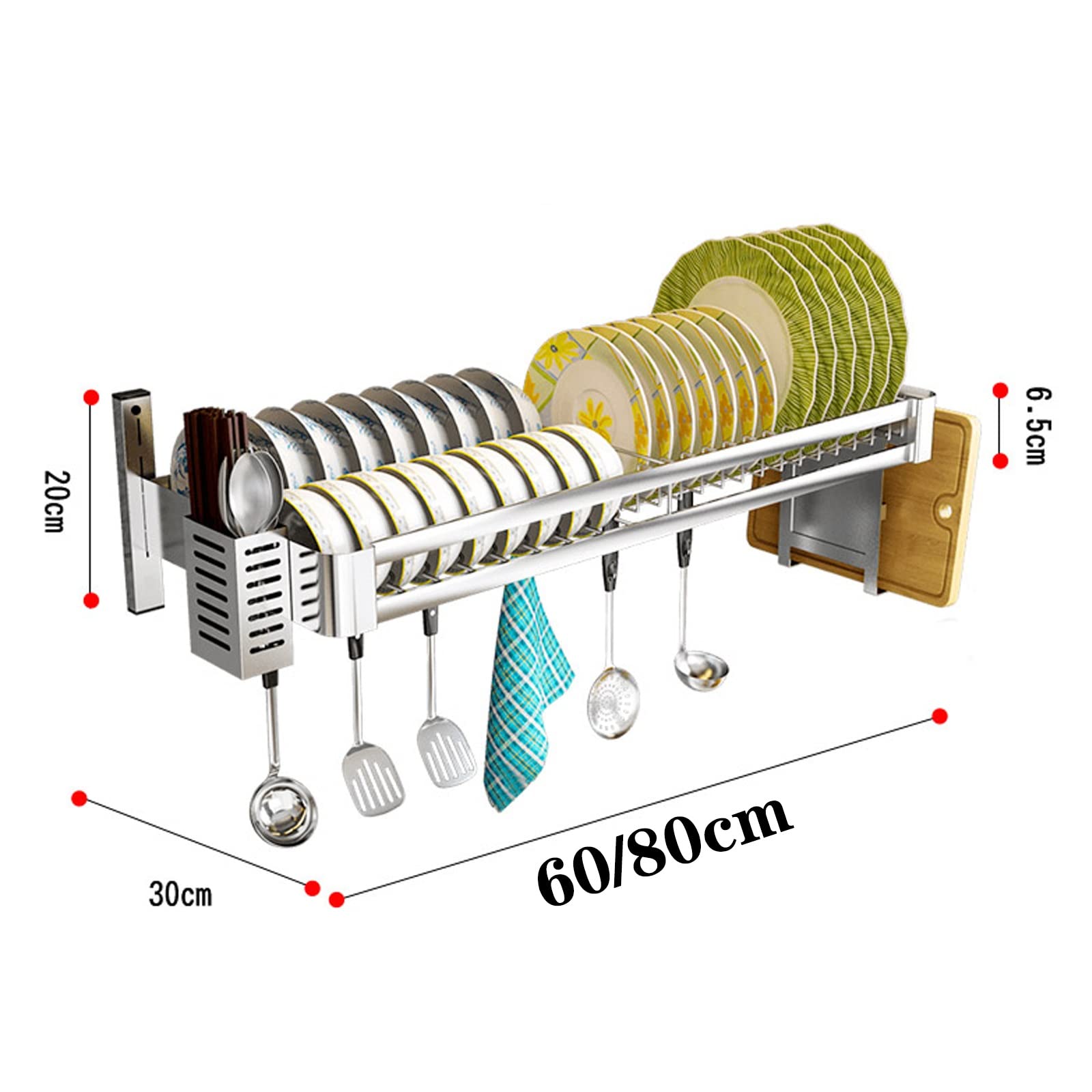Escurridor de pared de acero inoxidable, estante de almacenamiento de cocina con bandeja de goteo, soporte para cubiertos y almacenamiento para tabla de cortar, estante de secado de platos que ahorra
