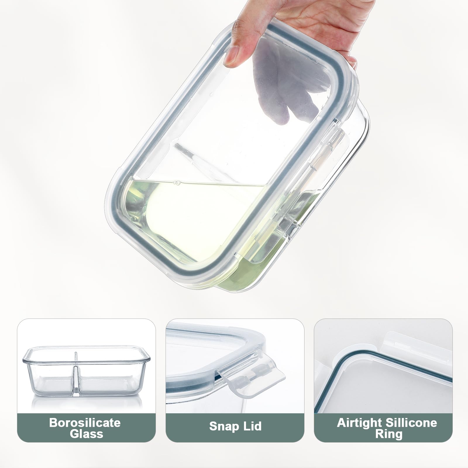 BAYZZ Paquete de 10 recipientes de vidrio de 880 ml para preparación de comidas, 2 compartimentos, recipientes de vidrio para almacenamiento de alimentos con tapas, caja bento hermética de vidrio,