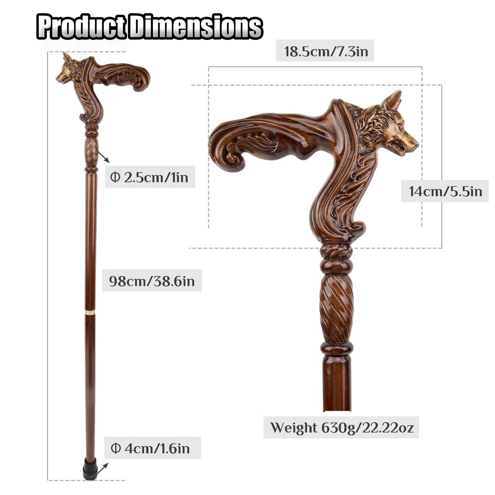 Bastoni da Passeggio in Legno a Forma di Lupo, con Impugnatura ergonomica e Punta in Gomma Antiscivolo, 98 cm, di Lusso, Decorativi, Ideali per Uomo e Donna.