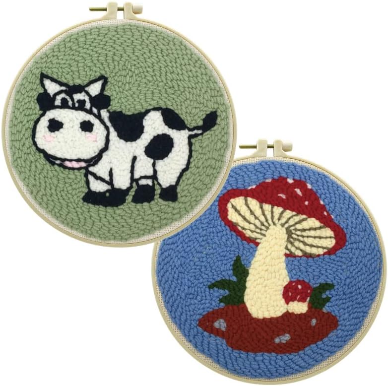 2 Pack Cow,Mushroom Easy Punch Needle Embroidery Starter Kits for Kids and Adults Beginners with Punch Needle Tool,Threader, Stamped Fabric Embroidery,Hoop,Pen, Punch Needle Kits
