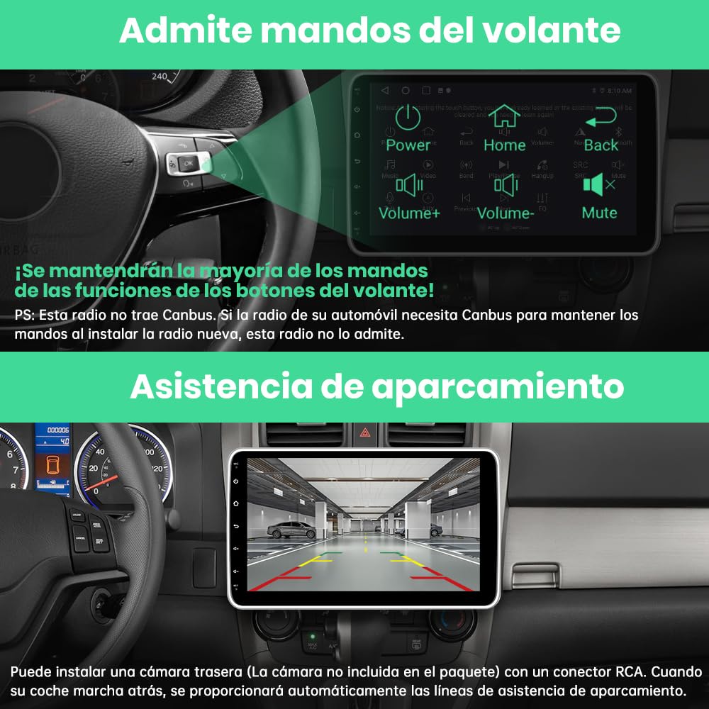 Android 13 2GB+32GB 1 DIN Radio Coche Universal con Pantalla Táctil y Giratoria de 10 Pulgadas, con CarPlay/AndroidAuto/Mirror Link, WiFi/GPS/Bluetooth/RDS/USB/FM/Mandos del Volante